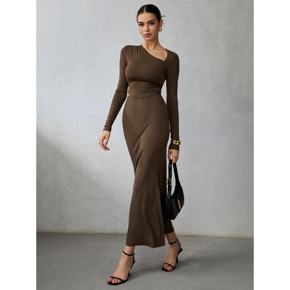 COMMENSE Women Brown Asymmetric Cutout Crop Top Maxi Skirt 2 Piece Set